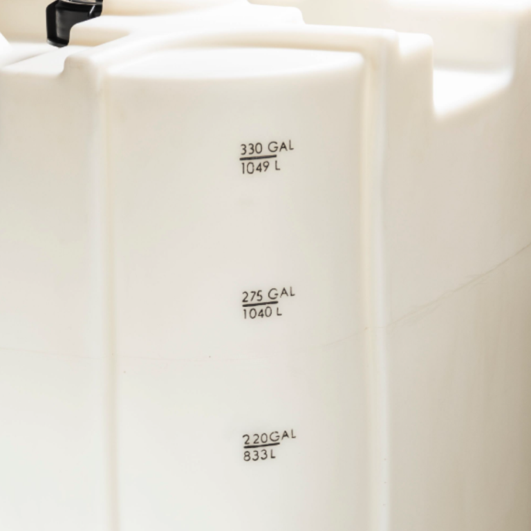 Stackable industrial IBC container with molded volume marker