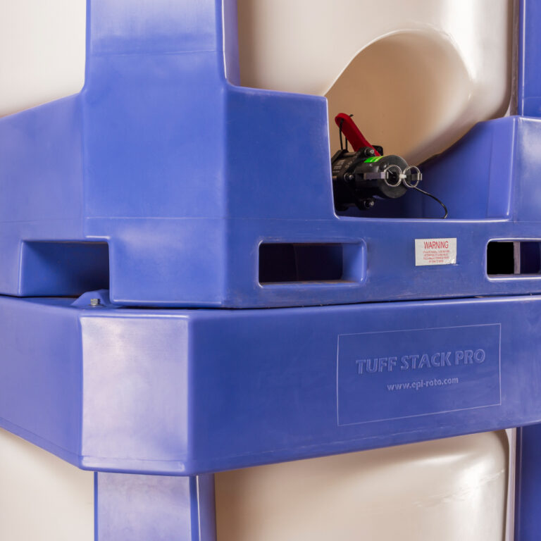 Stackable poly IBC tote with sloped bottom drain