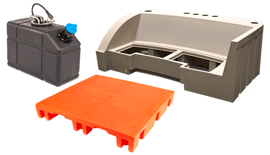 Rotationally molded fuel tank, pontoon seating component and pallet